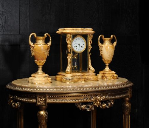 fig 2. Japy Freres Sienna Marble and Ormolu Crystal Four Glass Clock Set Antique French