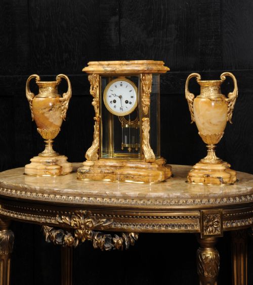 fig 3. Japy Freres Sienna Marble and Ormolu Crystal Four Glass Clock Set Antique French