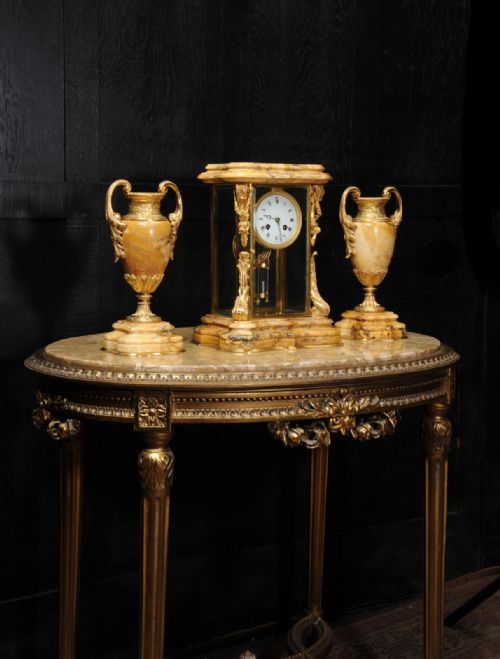 fig 4. Japy Freres Sienna Marble and Ormolu Crystal Four Glass Clock Set Antique French
