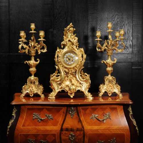 Large Antique French Gilt Bronze Rococo Clock Set