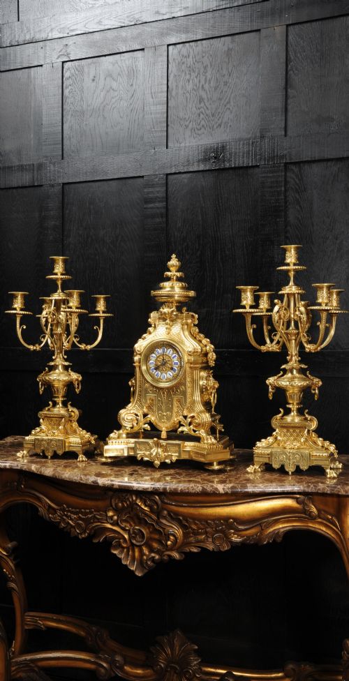 Huge Antique French Gilt Bronze Baroque Clock Set