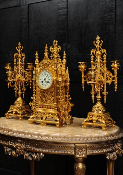 Japy Freres Antique French Gilt Bronze Gothic Clock Set