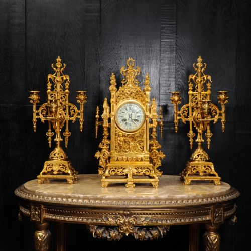 fig 1. Japy Freres Antique French Gilt Bronze Gothic Clock Set
