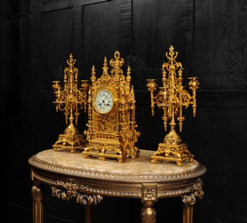 fig 2. Japy Freres Antique French Gilt Bronze Gothic Clock Set