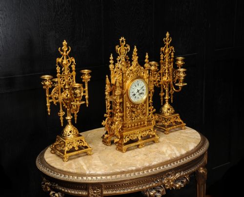 fig 3. Japy Freres Antique French Gilt Bronze Gothic Clock Set
