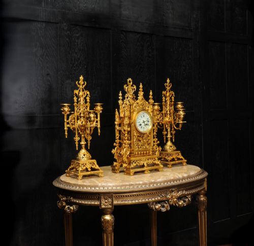 fig 4. Japy Freres Antique French Gilt Bronze Gothic Clock Set