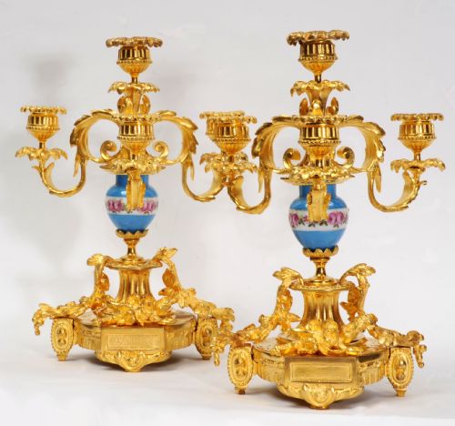 Antique French Gilt Bronze Ormolu and Sevres Porcelain Candelabra