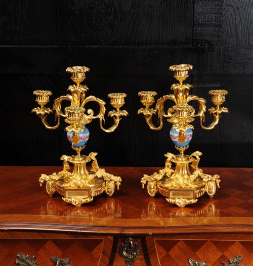 fig 1. Antique French Gilt Bronze Ormolu and Sevres Porcelain Candelabra
