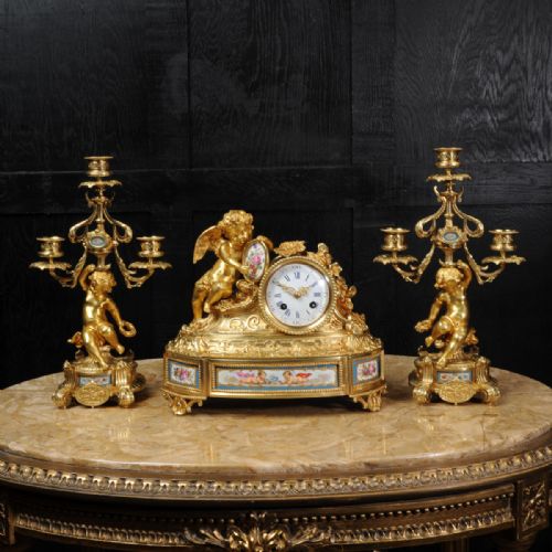 Japy Freres Early Antique French Ormolu and Sevres Porcelain Clock Set