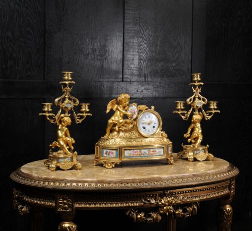 fig 1. Japy Freres Early antique French Ormolu and Sevres Porcelain Clock Set