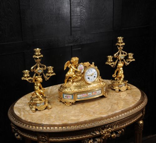 fig 3. Japy Freres Early antique French Ormolu and Sevres Porcelain Clock Set
