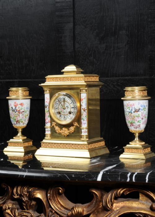 Antique French Porcelain and Ormolu Clock Set - English Country Garden