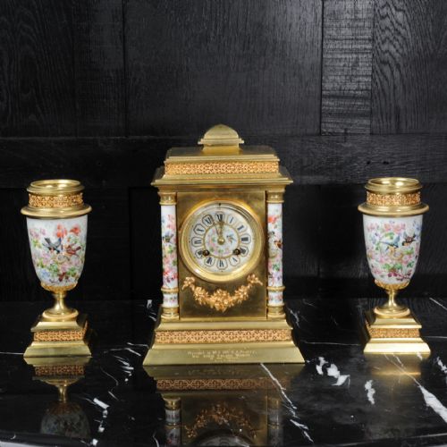 fig 1. Antique French Porcelain and Ormolu Clock Set - English Country Garden