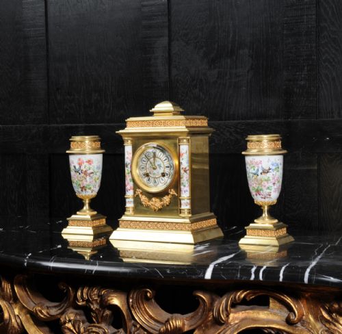 fig 2. Antique French Porcelain and Ormolu Clock Set - English Country Garden