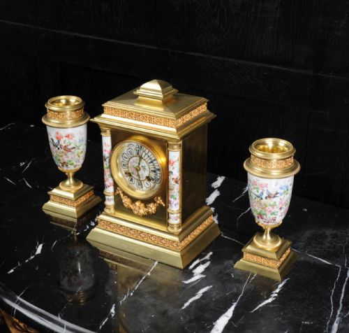 fig 3. Antique French Porcelain and Ormolu Clock Set - English Country Garden