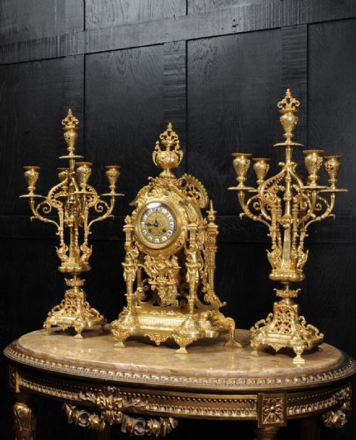 Large and Stunning Gilt Bronze Clock Set with Visible Pendulum