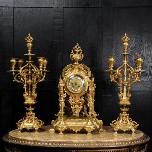 fig 1. Large and Stunning Gilt Bronze Clock Set with Visible Pendulum
