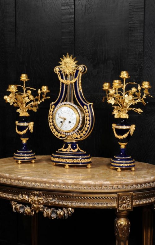 Fine Antique Mystery Lyre Clock - Cobalt Blue Porcelain and Ormolu