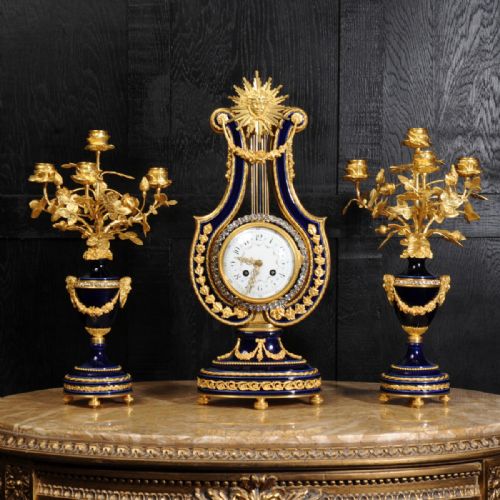 fig 1. Fine Antique Mystery Lyre Clock - Cobalt Blue Porcelain and Ormolu