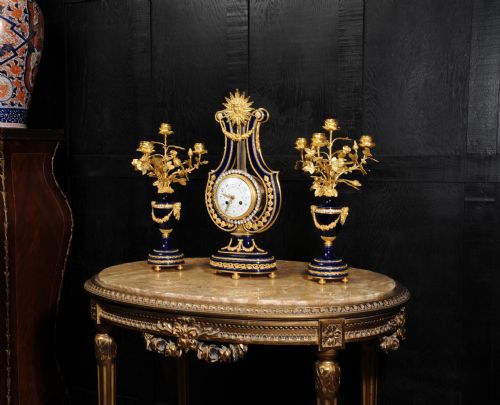 fig 2. Fine Antique Mystery Lyre Clock - Cobalt Blue Porcelain and Ormolu