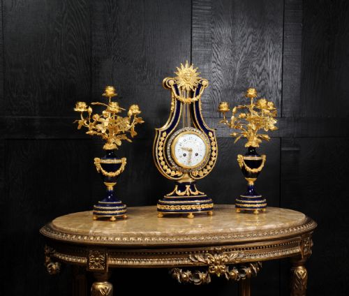 fig 3. Fine Antique Mystery Lyre Clock - Cobalt Blue Porcelain and Ormolu