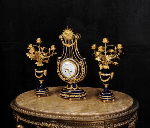 fig 4. Fine Antique Mystery Lyre Clock - Cobalt Blue Porcelain and Ormolu