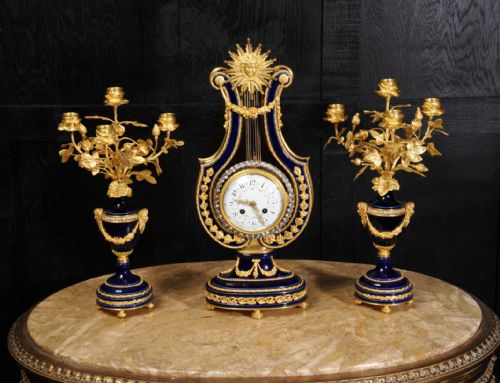 fig 5. Fine Antique Mystery Lyre Clock - Cobalt Blue Porcelain and Ormolu