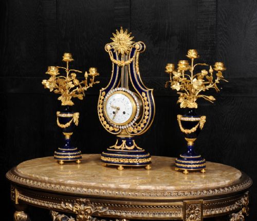 fig 6. Fine Antique Mystery Lyre Clock - Cobalt Blue Porcelain and Ormolu
