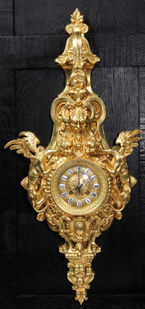 Hounds of the Devil - Gothic Gilt Bronze Cartel Wall Clock