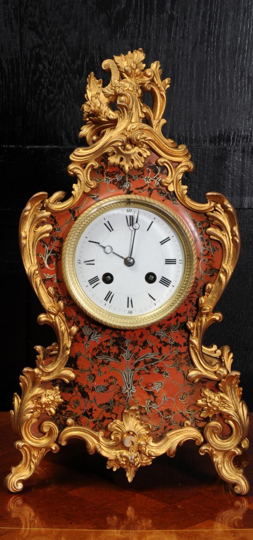 Antique French Rococo Red Lacquer and Gilt Clock