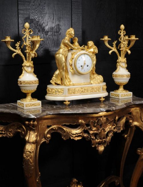 Antique French Venus with Amour and Dog, Superb Ormolu and White Mable Clock Set