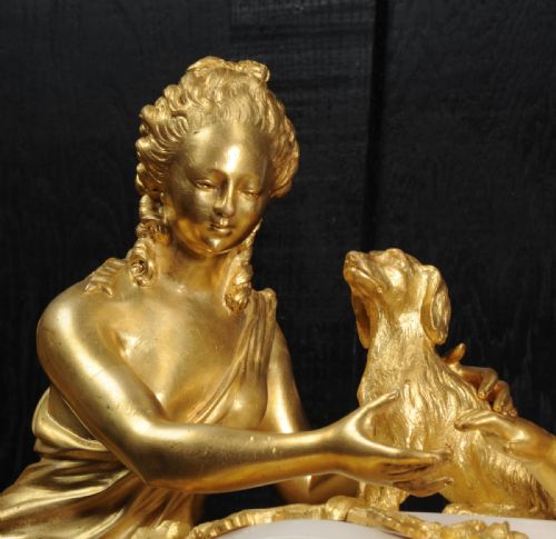 fig 1. Antique French Venus with Amour and Dog, Superb Ormolu and White Mable Clock Set