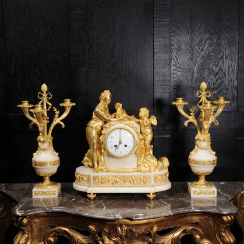 fig 2. Antique French Venus with Amour and Dog, Superb Ormolu and White Mable Clock Set
