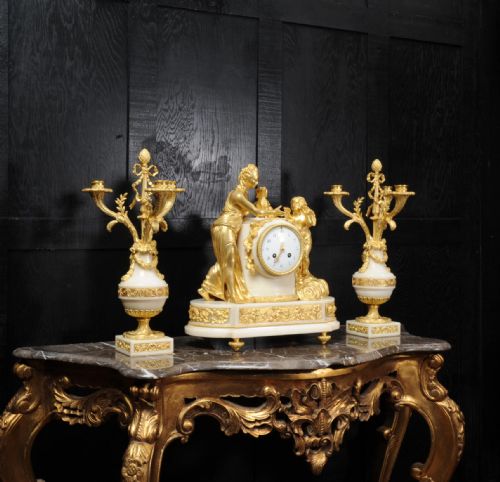 fig 3. Antique French Venus with Amour and Dog, Superb Ormolu and White Mable Clock Set