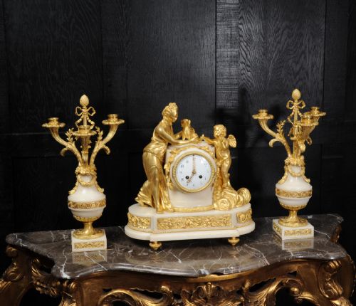 fig 4. Antique French Venus with Amour and Dog, Superb Ormolu and White Mable Clock Set