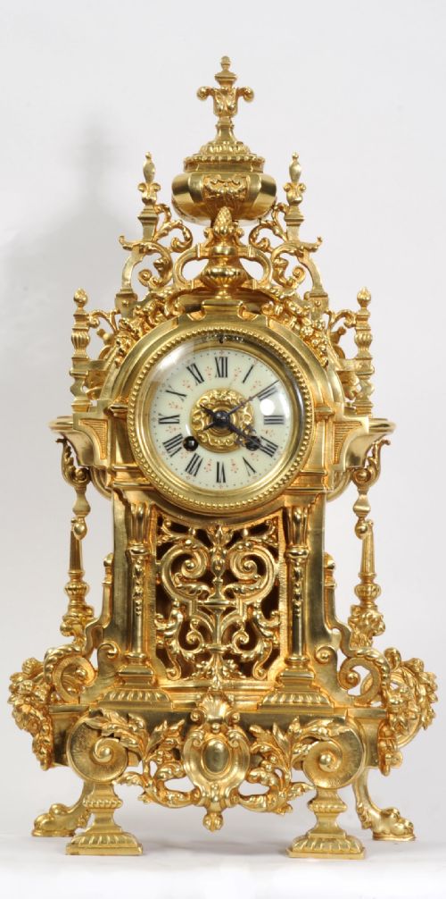 Large Antique French Baroque Gilt Bronze Clock by A.d. Mougin