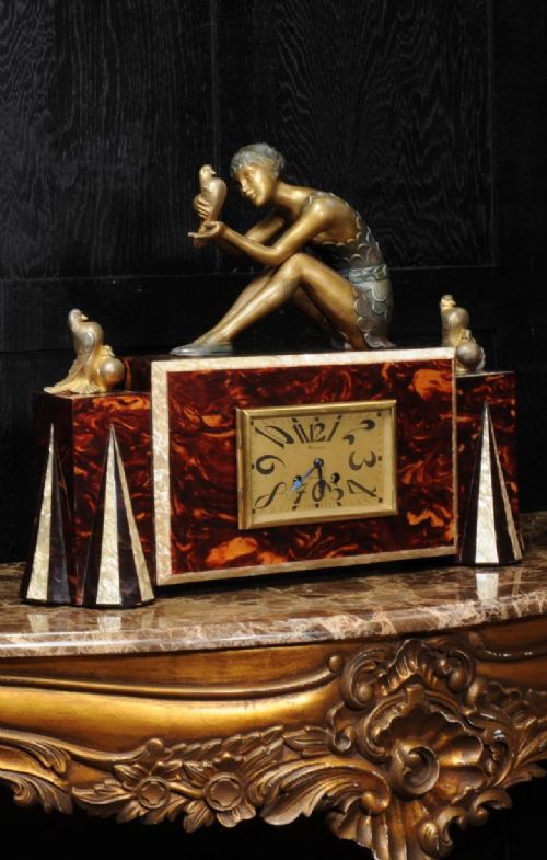 Art Deco Clock Set Faux Tortoiseshell and Mother of Pearl