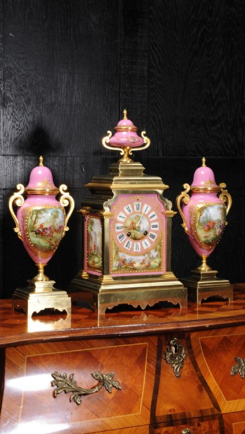 Sevres Porcelain and Ormolu Antique Frenchclock Set Horses Dogs Hunting