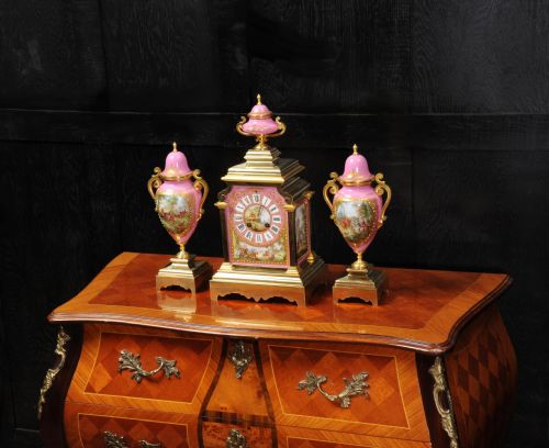 fig 2. Sevres Porcelain and Ormolu Antique FrenchClock Set Horses Dogs Hunting