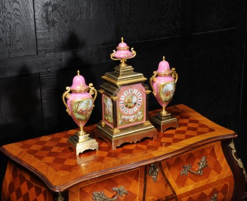 fig 3. Sevres Porcelain and Ormolu Antique FrenchClock Set Horses Dogs Hunting
