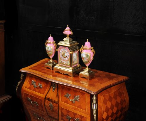 fig 4. Sevres Porcelain and Ormolu Antique FrenchClock Set Horses Dogs Hunting