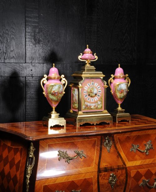 fig 5. Sevres Porcelain and Ormolu Antique FrenchClock Set Horses Dogs Hunting