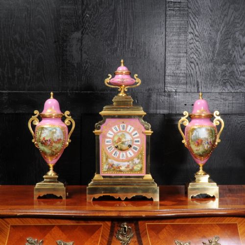 fig 6. Sevres Porcelain and Ormolu Antique FrenchClock Set Horses Dogs Hunting