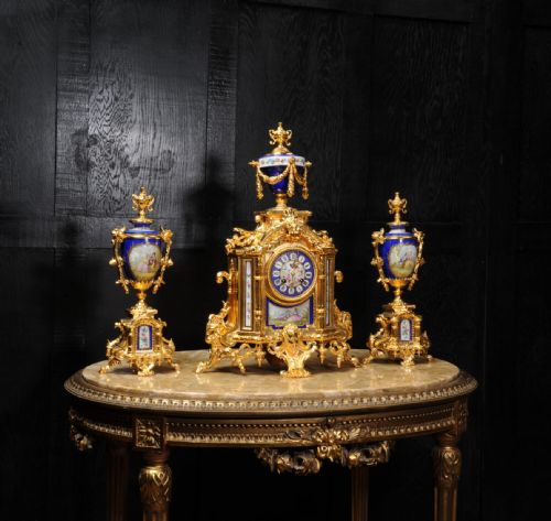 fig 1. Japy Freres Large Gilt and Sevres Porcelain Antique French Baroque Clock Set