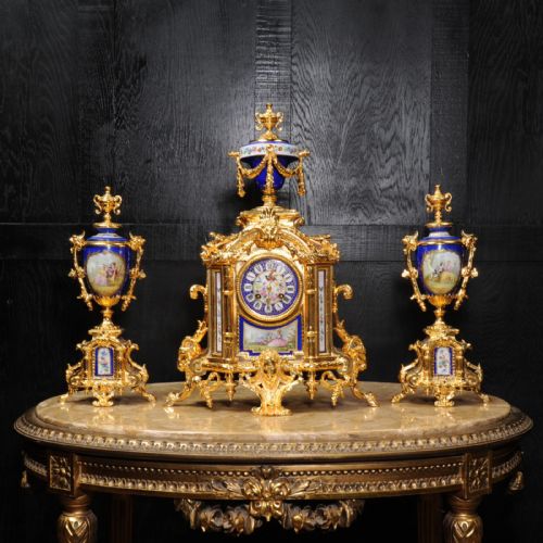 fig 2. Japy Freres Large Gilt and Sevres Porcelain Antique French Baroque Clock Set