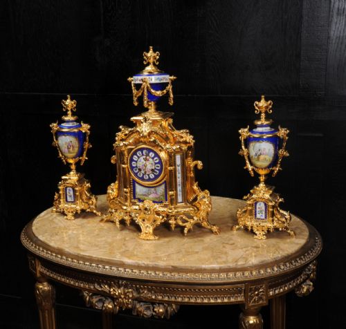 fig 3. Japy Freres Large Gilt and Sevres Porcelain Antique French Baroque Clock Set