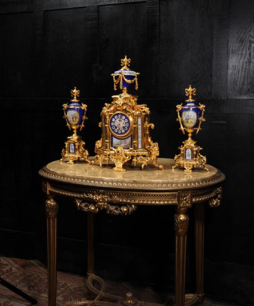 fig 5. Japy Freres Large Gilt and Sevres Porcelain Antique French Baroque Clock Set
