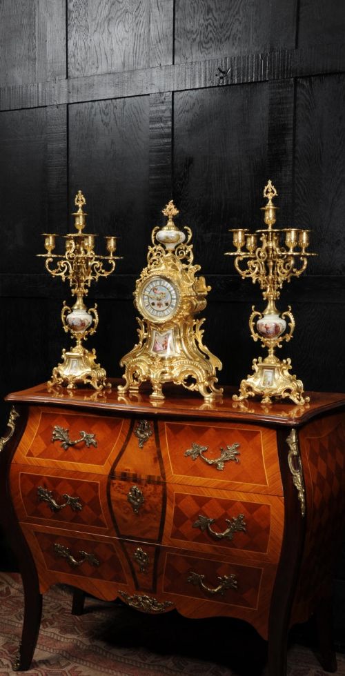 Large Ormolu and Sèvres Porcelain Antique French Rococo Clock Set