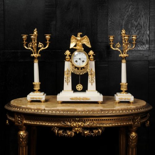 Antique French Empire Ormolu and Marble Portico Clock Set ~ Eagle