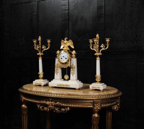 fig 1. Antique French Empire Ormolu and Marble Portico Clock Set ~ Eagle